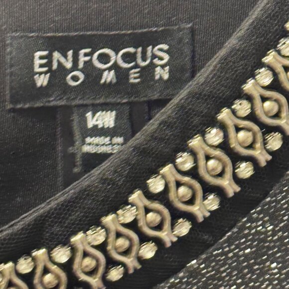 Enfocus Womens 14W Black Beaded Neck Sleeveless Shimmer Overlay Sheath Dress - Picture 3 of 12